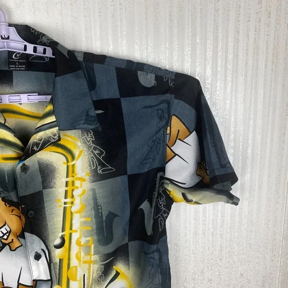 Claudio Nucci Mens Black Y2K Hip Hop Retro Music Hawaiian Button Up Shirt Size L - Picture 4 of 16